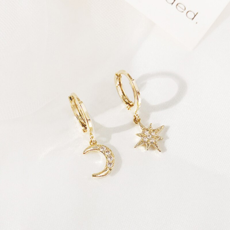 Trendy Gold Color 316L Stainless Steel Zircon Crystal Star Moon Pattern Earrings for Women Simple Jewelry Gift New