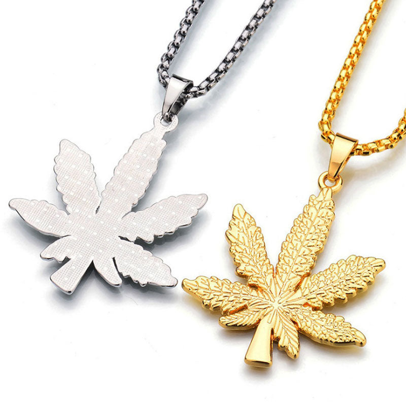 Hip Hop Gold and Silver Maple Leaf Necklace Domineering Men and Women Same Style Fashion Jewelry Hemp Leaf Pendant