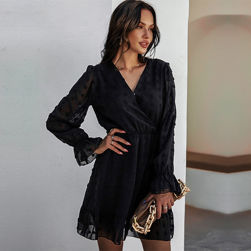 Spring Fashion Solid Color Jacquard Short Mini Dress Women Casual High Waist Butterfly Sleeve Slim