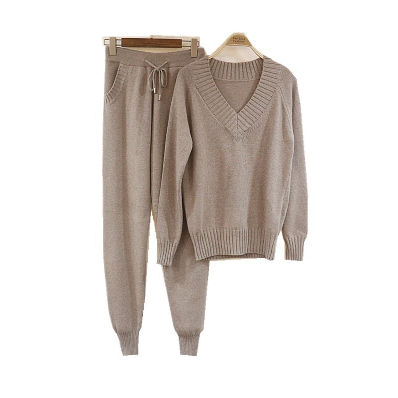 Knitted Set Women's Autumn winter Woolen and Cashmere Knitted Suit V neck Sweater Tracksuit Women Hoodies Two-Piece Set knit