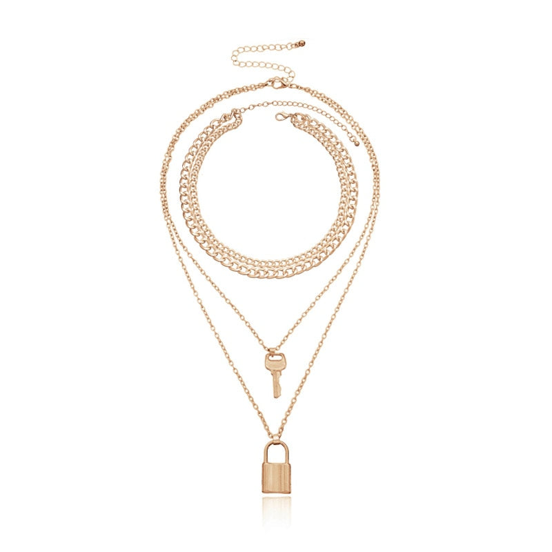 Rock Cuban block chain lover lock pendant collar necklace steampunk hip hop padlock chain necklace women couple jewelry