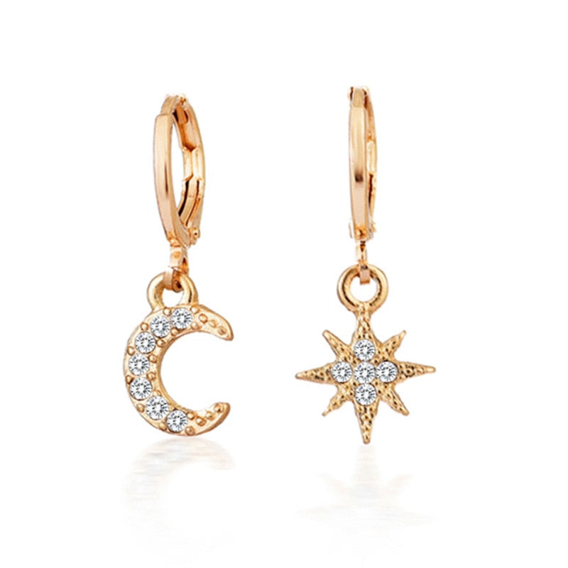 Trendy Gold Color 316L Stainless Steel Zircon Crystal Star Moon Pattern Earrings for Women Simple Jewelry Gift New