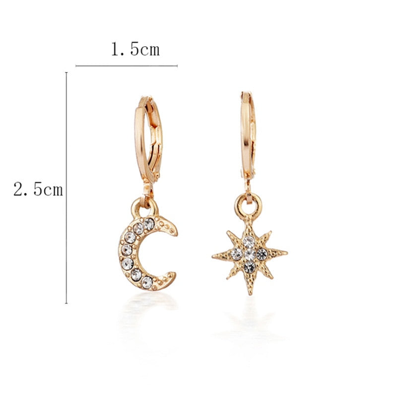 Trendy Gold Color 316L Stainless Steel Zircon Crystal Star Moon Pattern Earrings for Women Simple Jewelry Gift New
