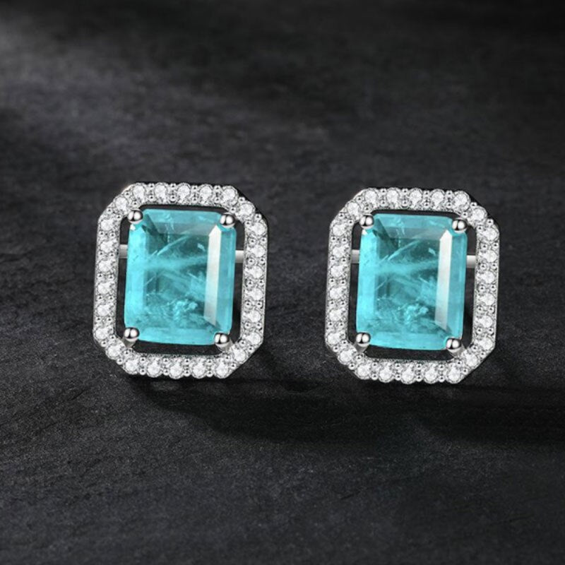 Small fresh color treasure earrings imitation Paraiba rectangular 8*10 earrings Korean fashion temperament earrings women
