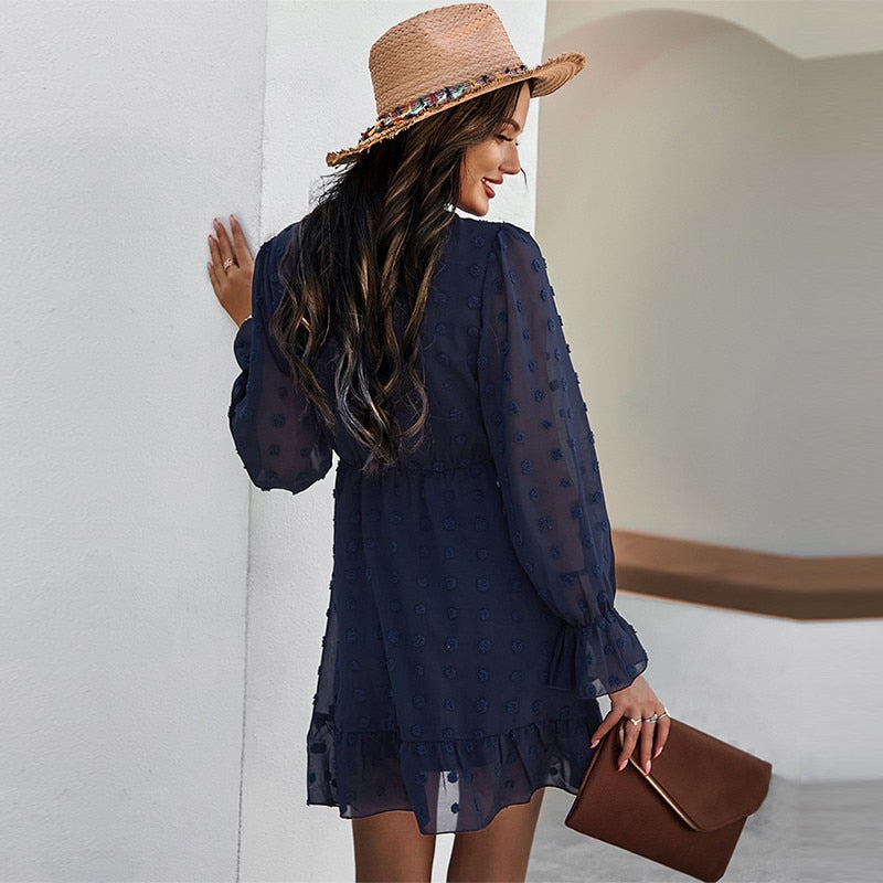 Spring Fashion Solid Color Jacquard Short Mini Dress Women Casual High Waist Butterfly Sleeve Slim