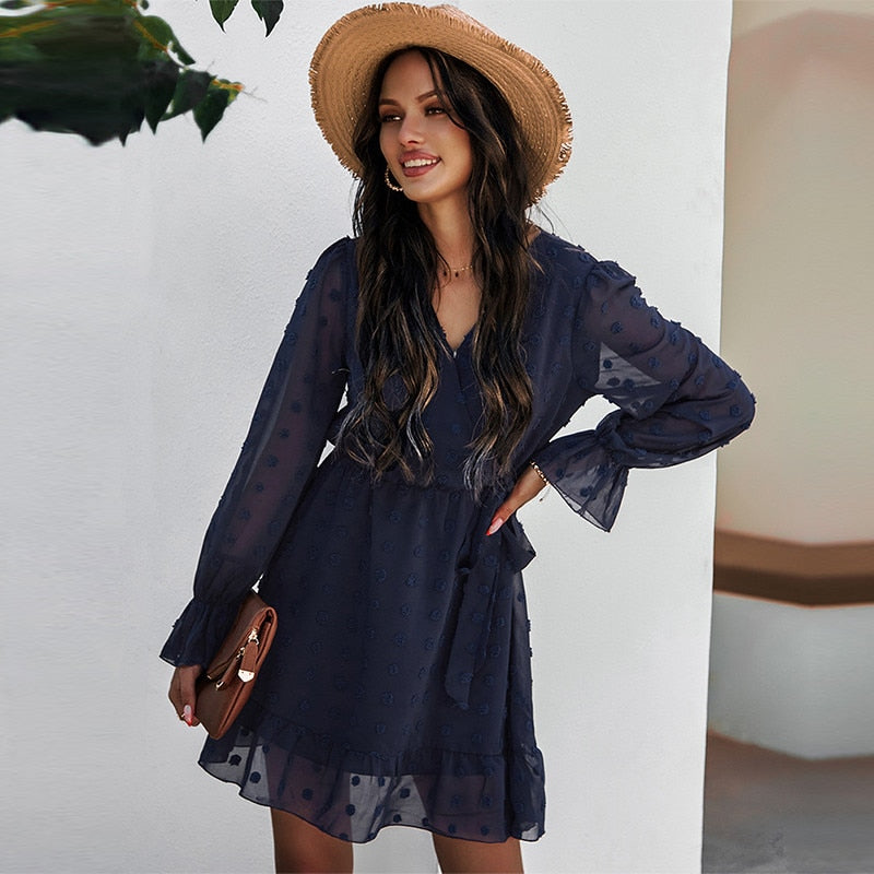 Spring Fashion Solid Color Jacquard Short Mini Dress Women Casual High Waist Butterfly Sleeve Slim