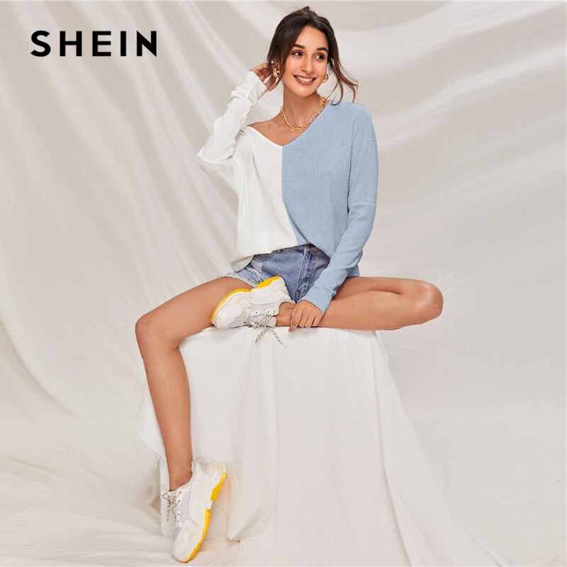 SHEIN Multicolor V-neck Two Tone Rib-knit Tee Women Autumn Drop Shoulder Long Sleeve Colorblock Casual T-shirt Tops