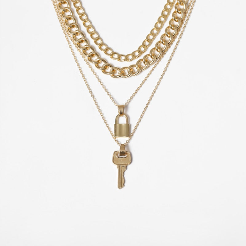 Rock Cuban block chain lover lock pendant collar necklace steampunk hip hop padlock chain necklace women couple jewelry