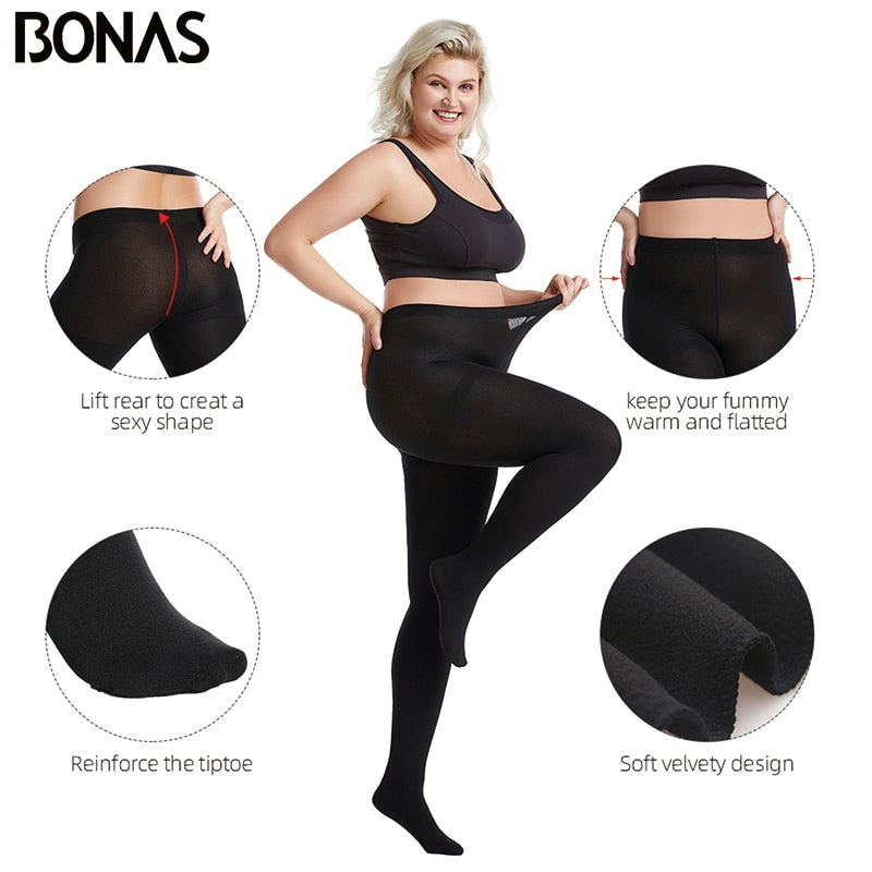 BONAS Velvet Leggings Autumn Winter Elasticity Breathable Black Plus Size Leggings Women Warm Polyester Leggings Woman Clothing