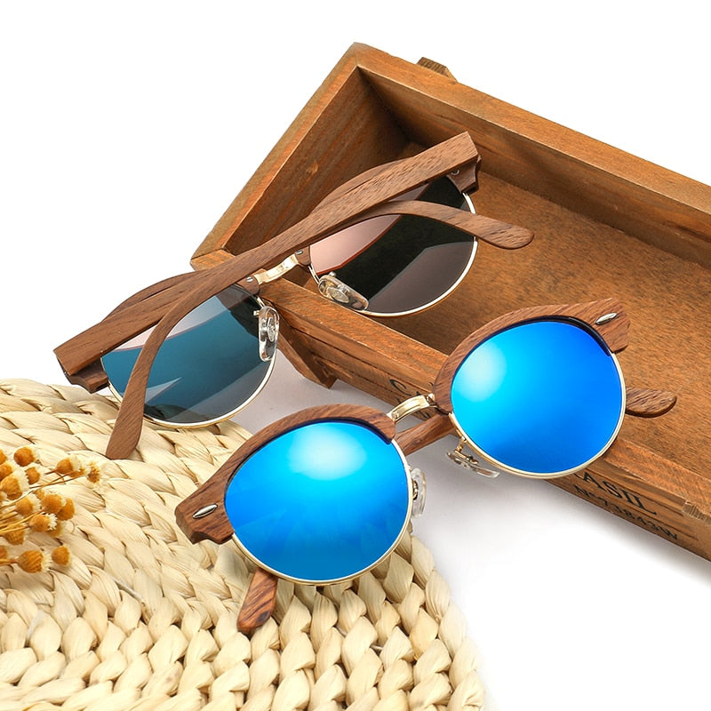 Retro Round Wood Sunglasses for Men and Women Polarized UV400 Semi-Rimless Womens Sun glasses