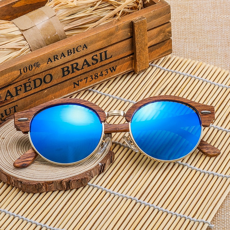 Retro Round Wood Sunglasses for Men and Women Polarized UV400 Semi-Rimless Womens Sun glasses