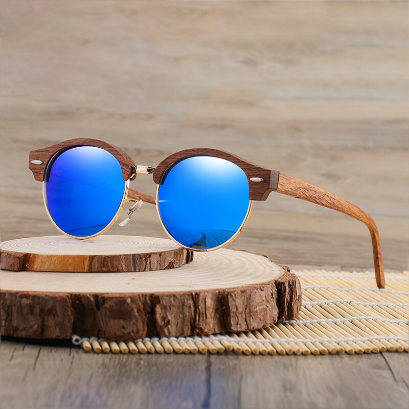 Retro Round Wood Sunglasses for Men and Women Polarized UV400 Semi-Rimless Womens Sun glasses