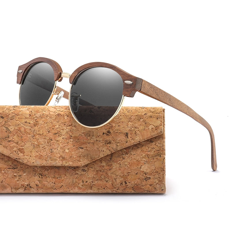 Retro Round Wood Sunglasses for Men and Women Polarized UV400 Semi-Rimless Womens Sun glasses