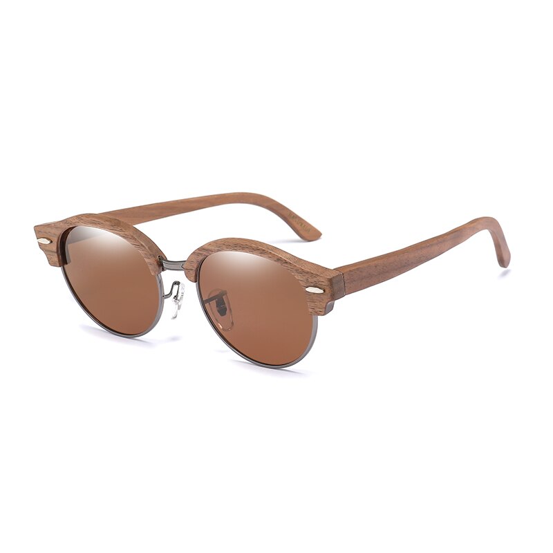 Retro Round Wood Sunglasses for Men and Women Polarized UV400 Semi-Rimless Womens Sun glasses