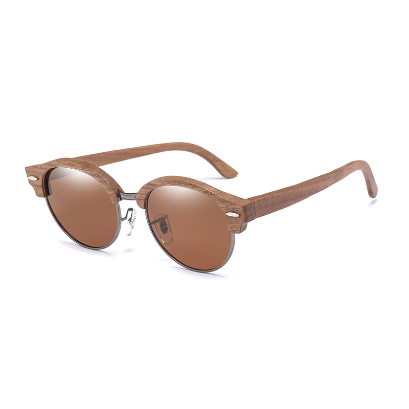 Retro Round Wood Sunglasses for Men and Women Polarized UV400 Semi-Rimless Womens Sun glasses