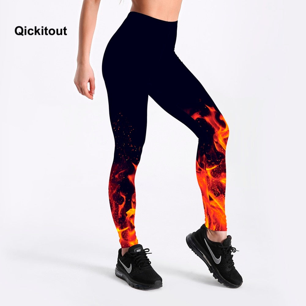 Qickitout Leggings Russian style Fire flame Printing Leggings Punk Women Legging Stretchy Trousers Casual Pants Womens Leggings