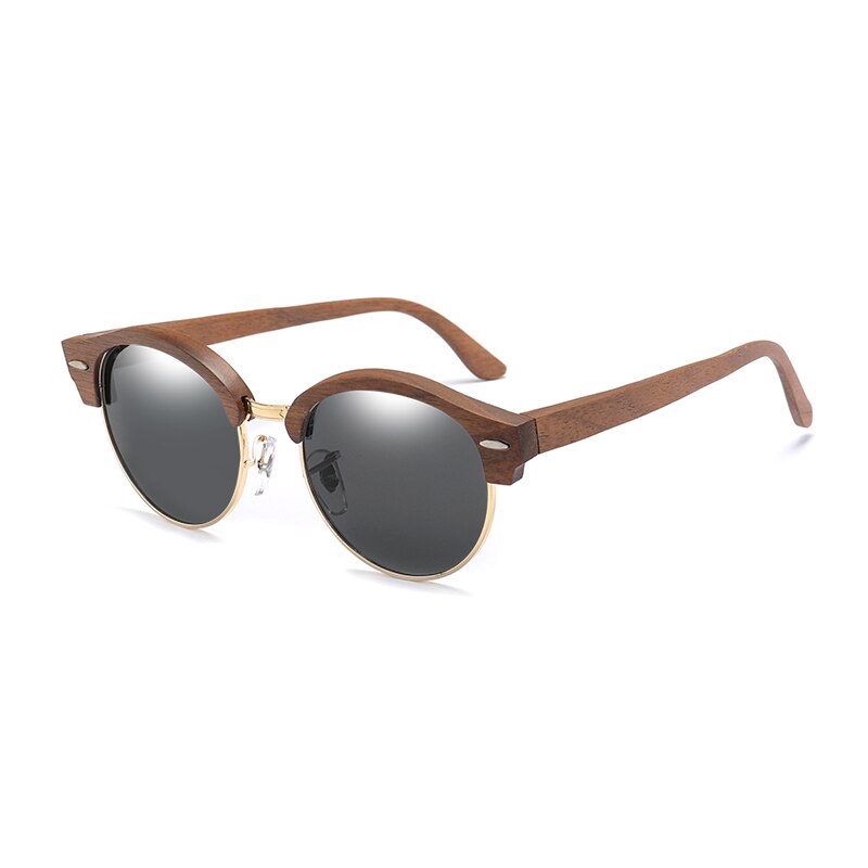 Retro Round Wood Sunglasses for Men and Women Polarized UV400 Semi-Rimless Womens Sun glasses