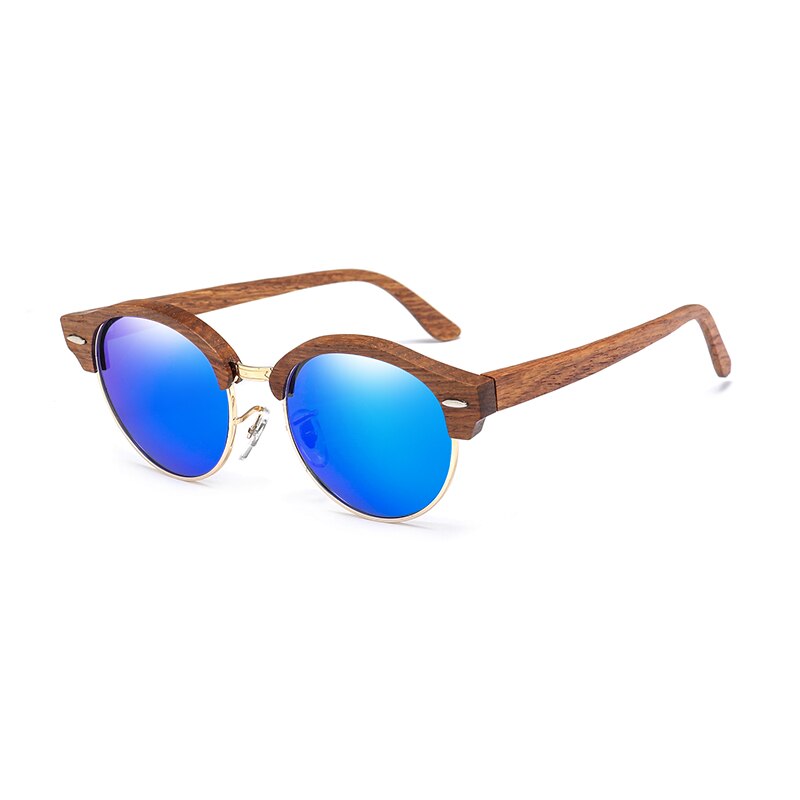 Retro Round Wood Sunglasses for Men and Women Polarized UV400 Semi-Rimless Womens Sun glasses