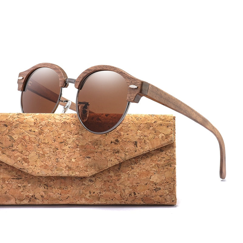 Retro Round Wood Sunglasses for Men and Women Polarized UV400 Semi-Rimless Womens Sun glasses