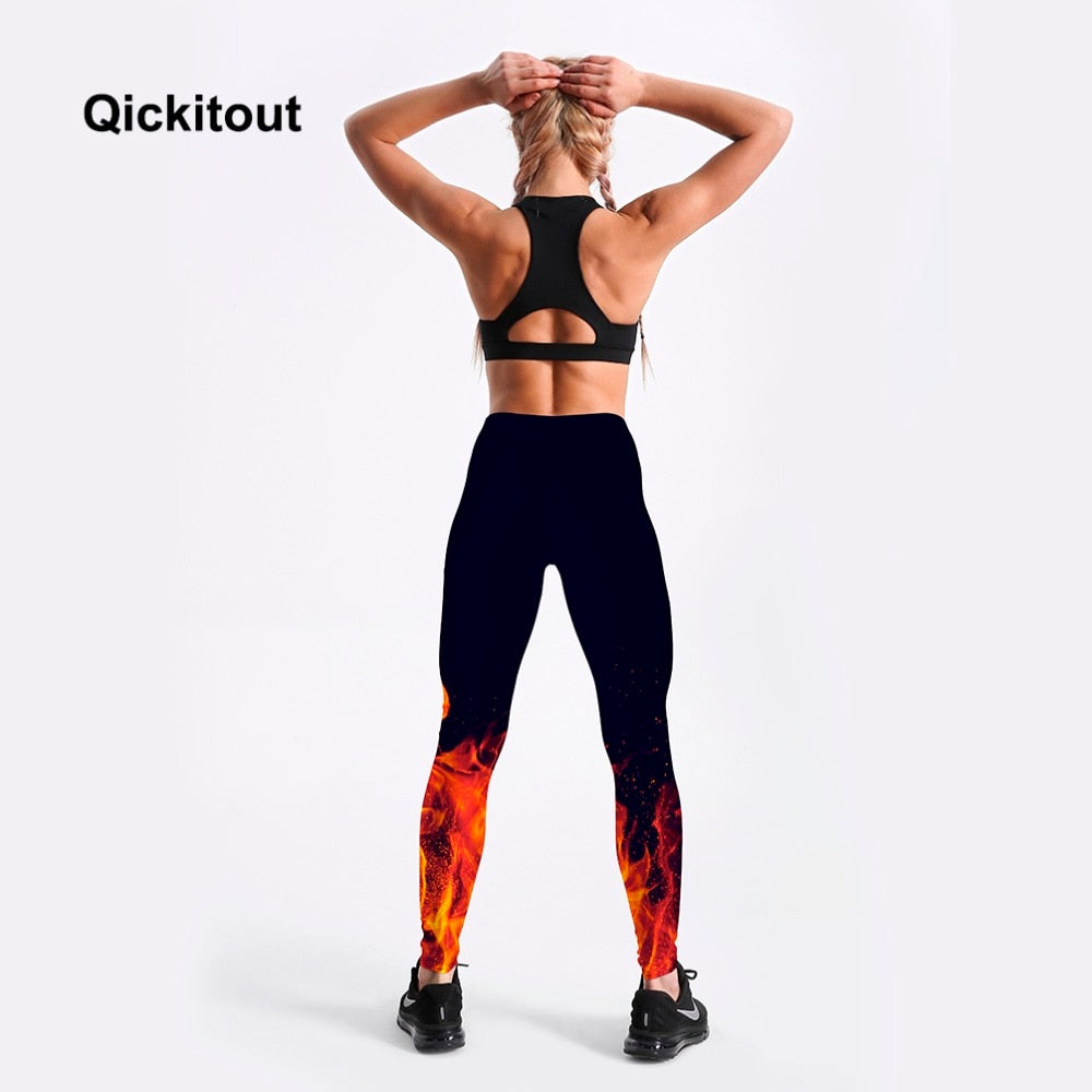 Qickitout Leggings Russian style Fire flame Printing Leggings Punk Women Legging Stretchy Trousers Casual Pants Womens Leggings