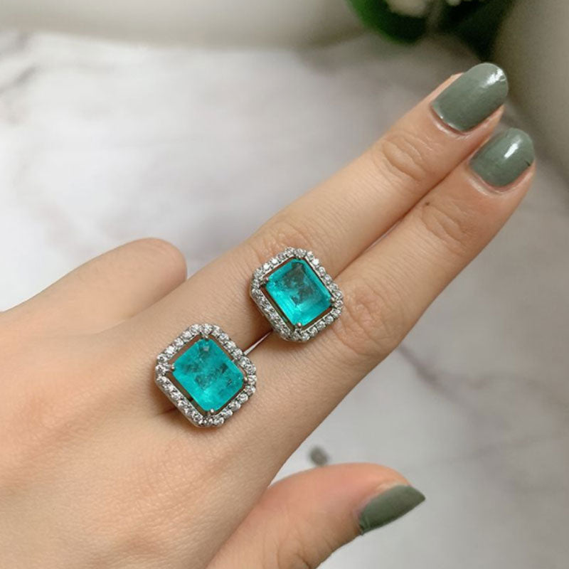Small fresh color treasure earrings imitation Paraiba rectangular 8*10 earrings Korean fashion temperament earrings women