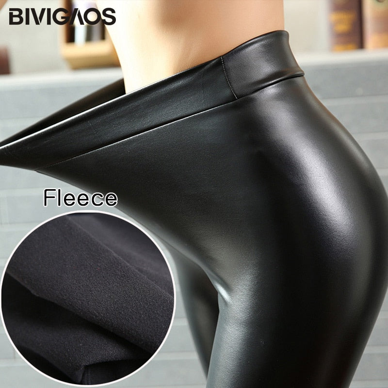 BIVIGAOS Fashion Women PU Leather Pants Elastic High Waist Winter Leggings Slim Velvet Leather Leggings Skinny Fleece Trousers