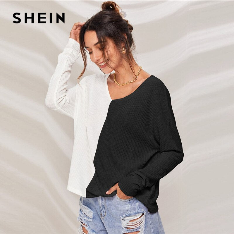 SHEIN Multicolor V-neck Two Tone Rib-knit Tee Women Autumn Drop Shoulder Long Sleeve Colorblock Casual T-shirt Tops