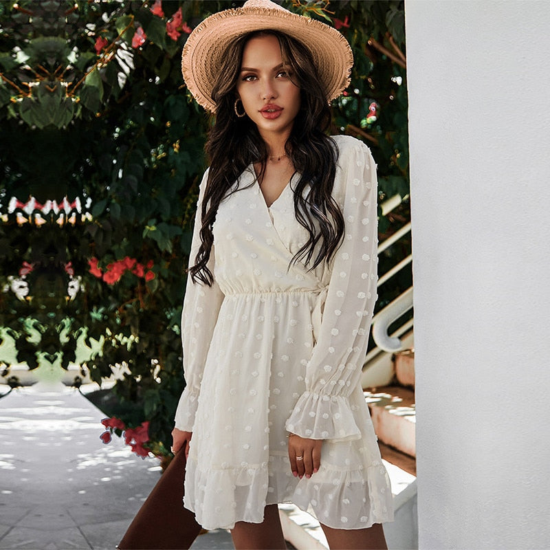 Spring Fashion Solid Color Jacquard Short Mini Dress Women Casual High Waist Butterfly Sleeve Slim