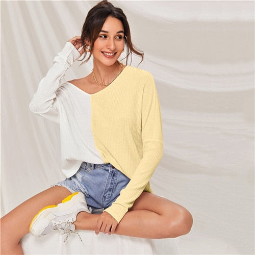SHEIN Multicolor V-neck Two Tone Rib-knit Tee Women Autumn Drop Shoulder Long Sleeve Colorblock Casual T-shirt Tops