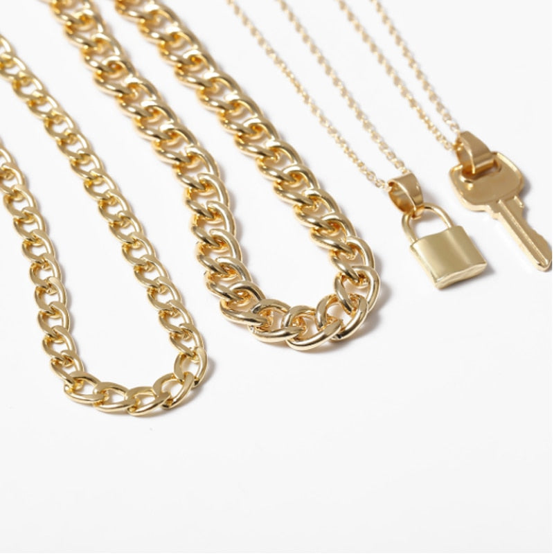 Rock Cuban block chain lover lock pendant collar necklace steampunk hip hop padlock chain necklace women couple jewelry