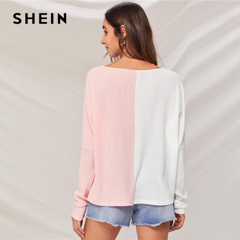 SHEIN Multicolor V-neck Two Tone Rib-knit Tee Women Autumn Drop Shoulder Long Sleeve Colorblock Casual T-shirt Tops