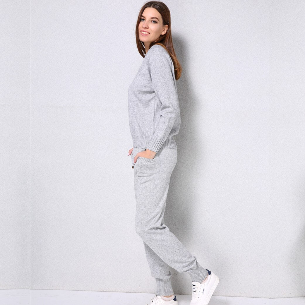 Knitted Set Women's Autumn winter Woolen and Cashmere Knitted Suit V neck Sweater Tracksuit Women Hoodies Two-Piece Set knit